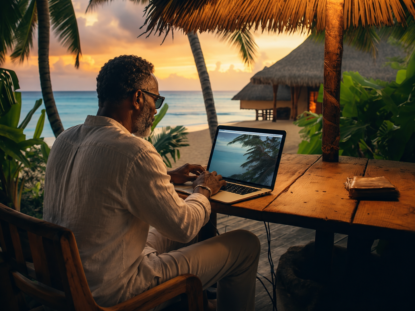 Black man working remotely from a beachside table at sunset in Mauritius